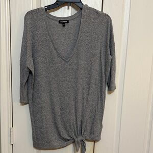 Express Heather Gray V-Neck Blouse with Knot